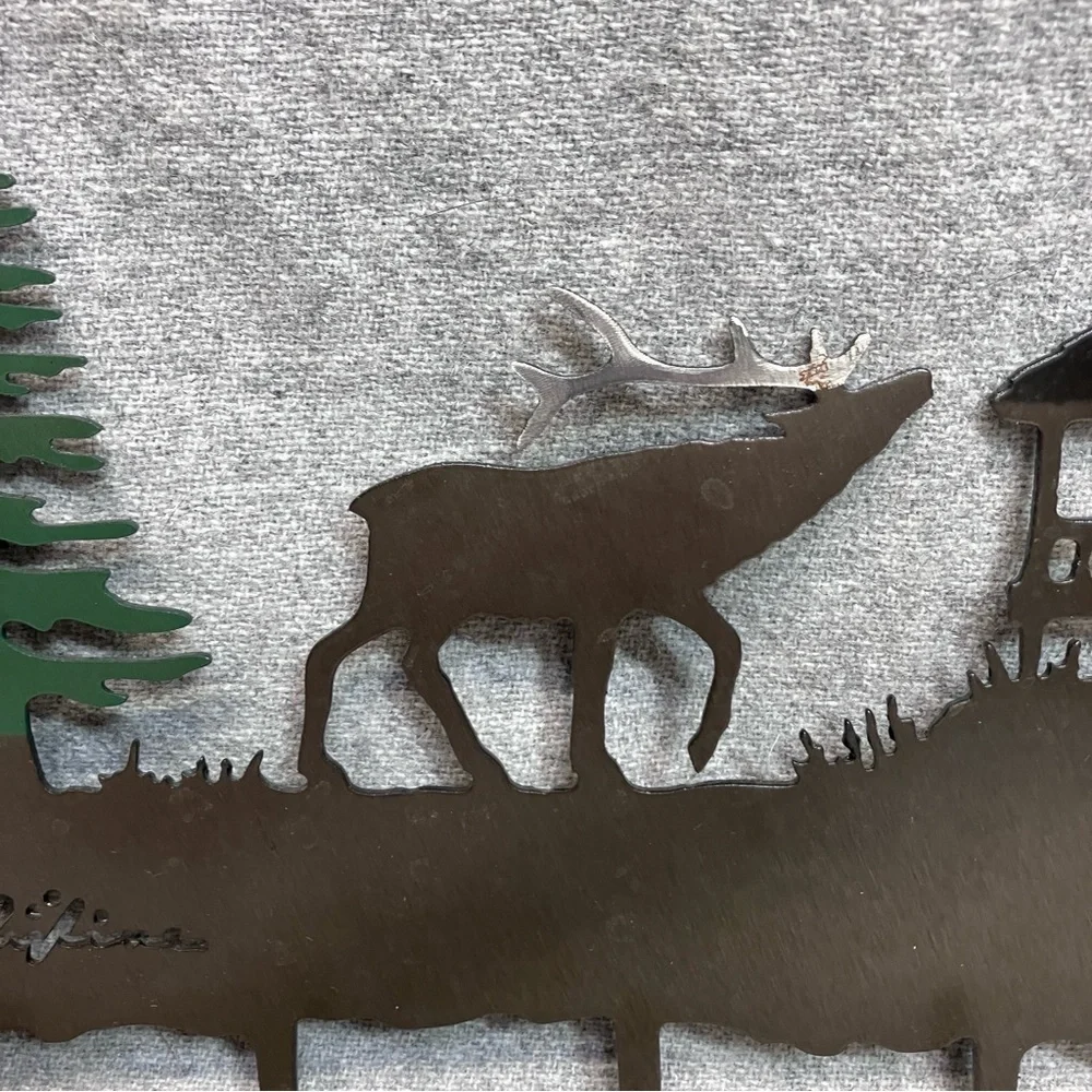Elk Deer Woodland Metal Art Hanging Coat Hooks Hat Rack Key Holder Signed Cabin